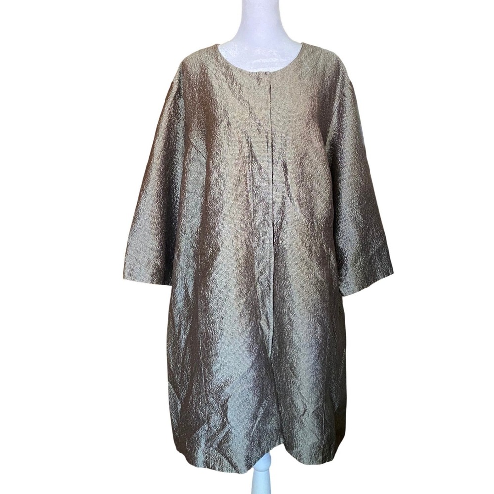 Eileen Fisher 100% Silk Metallic Duster Coat 2X Quiet Luxury Maximalist Coastal